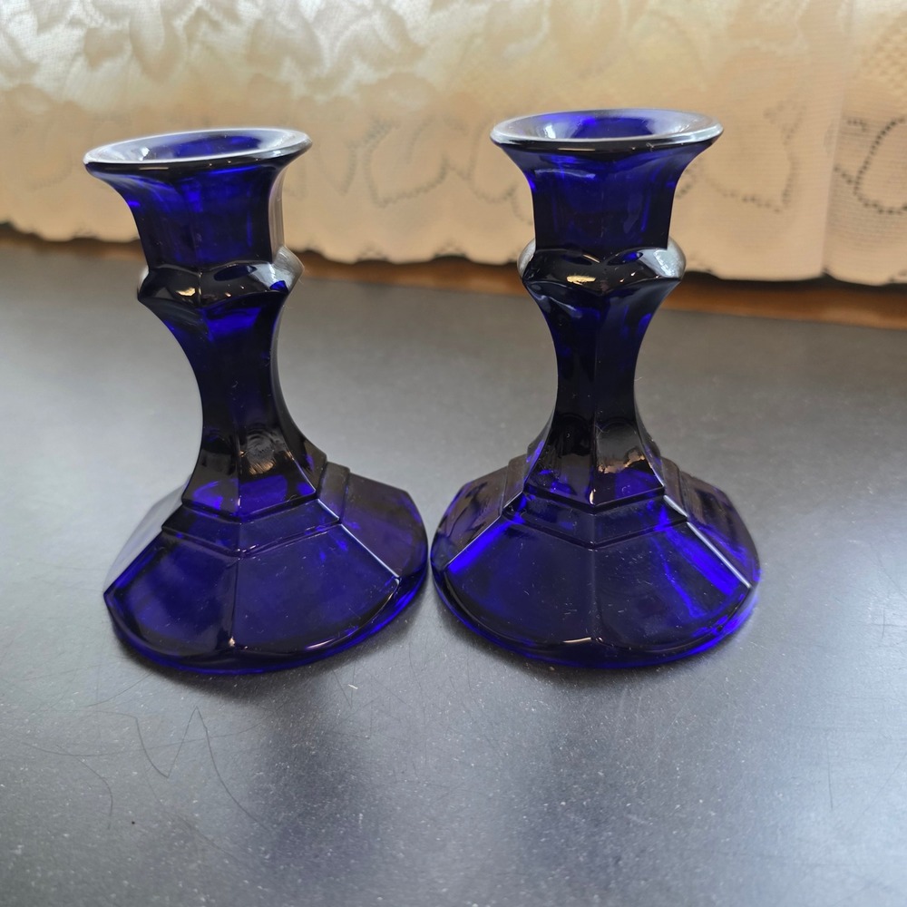 Candlestick Holders 4.5in Cobalt Blue Glass Hexagonal Base Set of 2